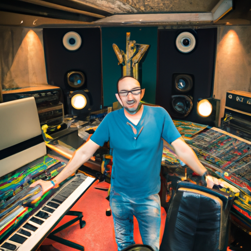 תמונה של מהנדס שמע באולפן הקלטות תל אביב עם מגוון ציוד הקלטה.