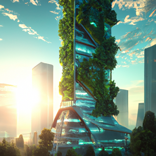 עיבוד עתידני של גורד שחקים ידידותי לסביבה הניצב גבוה בתוך נוף עירוני סואן, עם צמחייה ירוקה ופאנלים סולאריים.