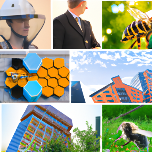קולאז' של הפרויקטים החדשניים השונים המופיעים בכתבה, כולל כוורת עירונית לגידול דבורים, גורד שחקים ידידותי לסביבה וצוות מהנדסים שעובד יחד.