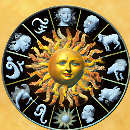 1. תמונה של גלגל גלגל המזלות עם השמש במרכז, המסמל את השפעת סימני השמש.