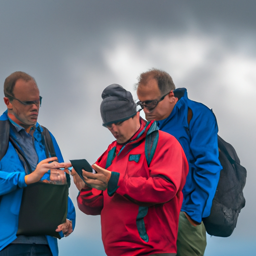 קבוצת מטיילים בודקת את תחזית מזג האוויר במכשיר נייד