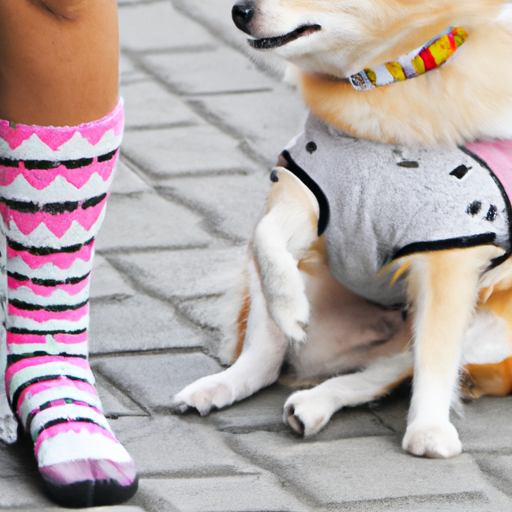 כלב לובש גרביים צבעוניים, נראה נוח ומאושר